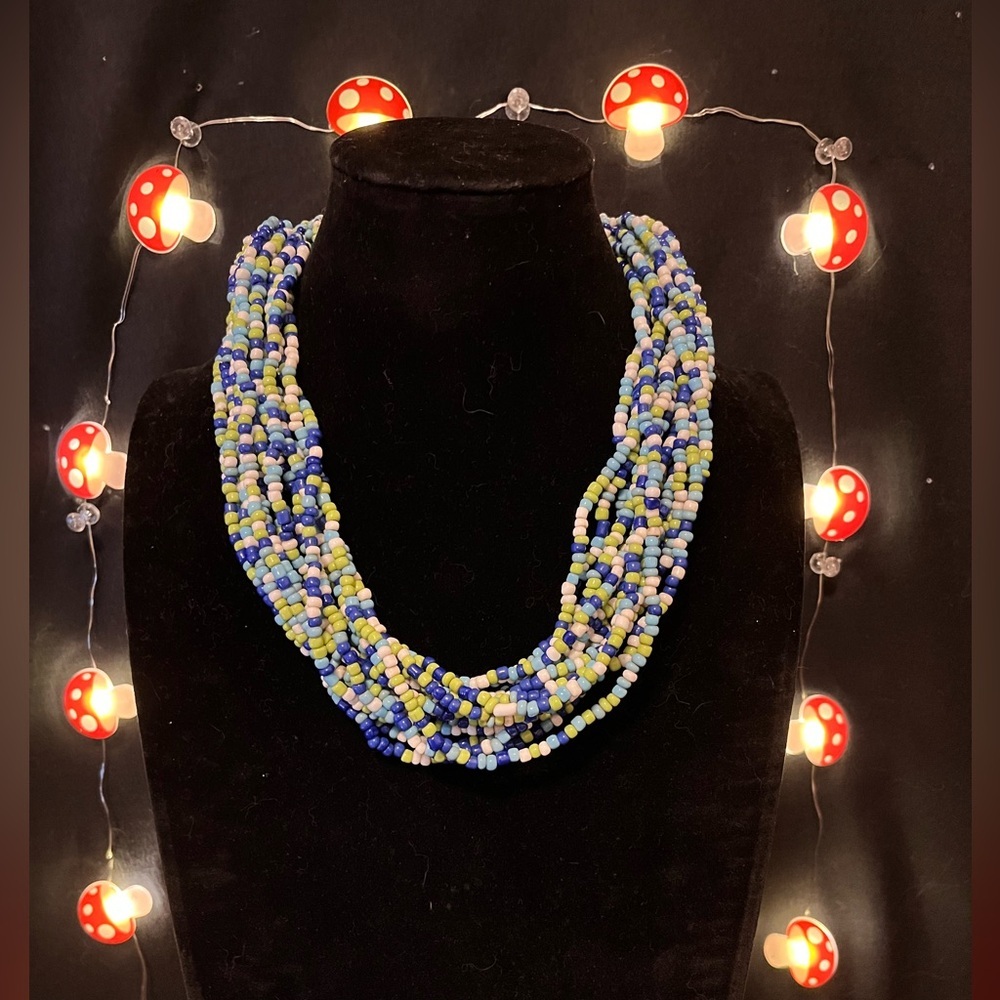 Blue, White, Green Glass Seed Beads Necklace
